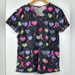 Dickies Scrubs Top Breast Cancer Awareness Hearts V-Neck Medical Nursing Large